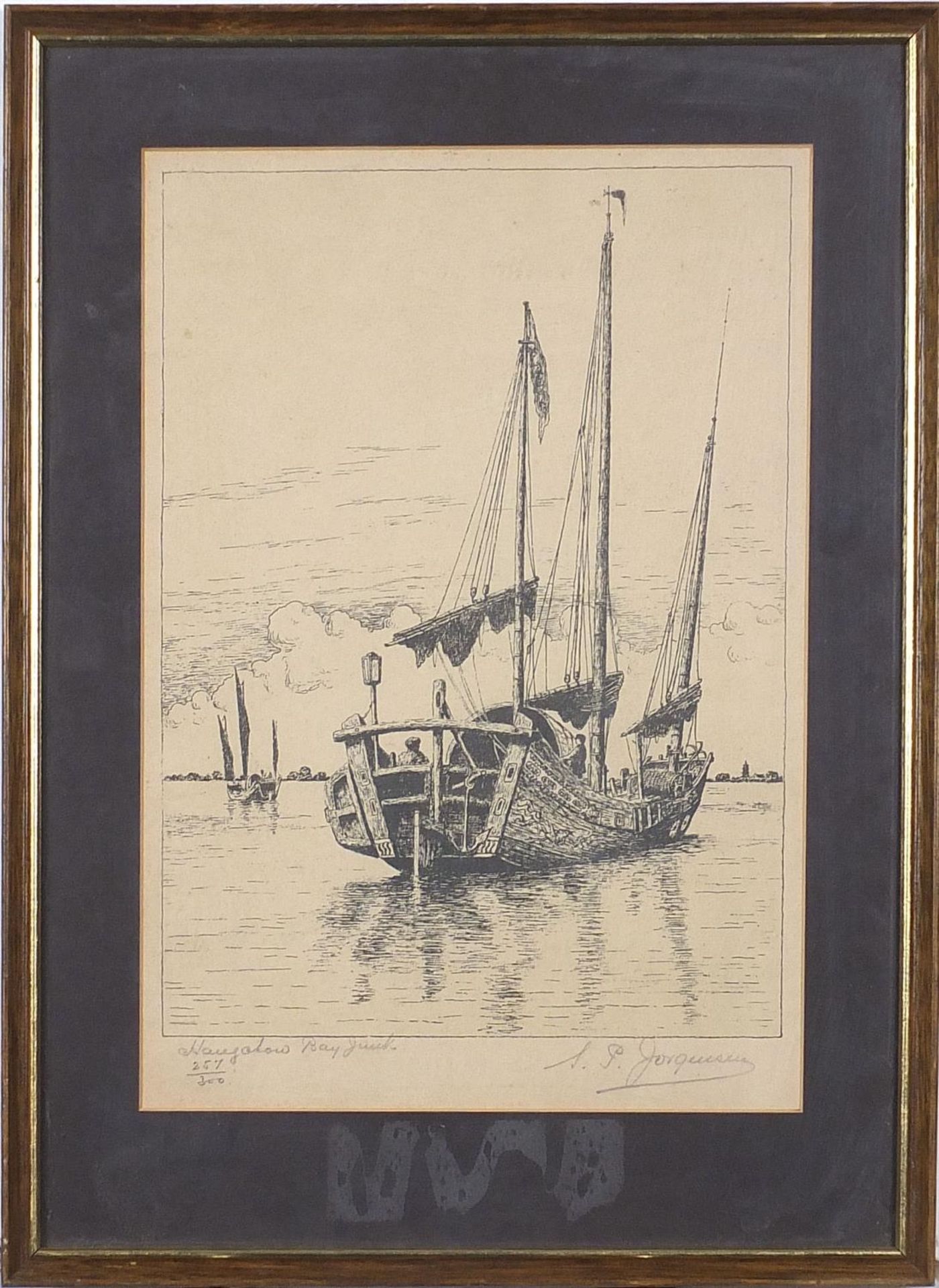 S P Jorgensen - Junks on water, pencil signed print, limited edition 259/300, mounted, framed and - Image 2 of 6