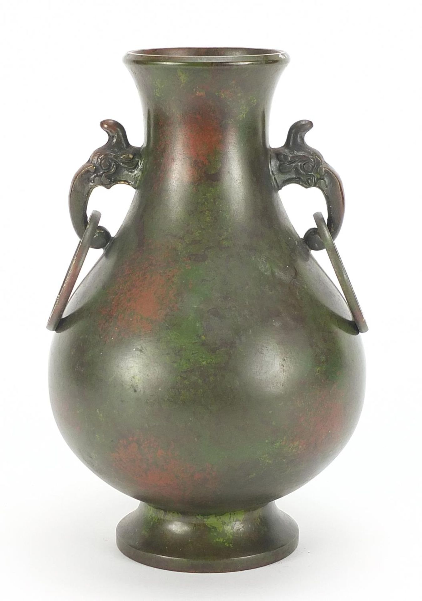 Japanese patinated bronze vase with animalia ring turned handles, impressed marks to the base, 24.