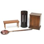 Occasional furniture comprising mahogany pot cupboard, oak stick stand, pine stool and a copper
