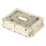 George V rectangular silver snuff box with opal inlay and chased decoration, S C W Birmingham