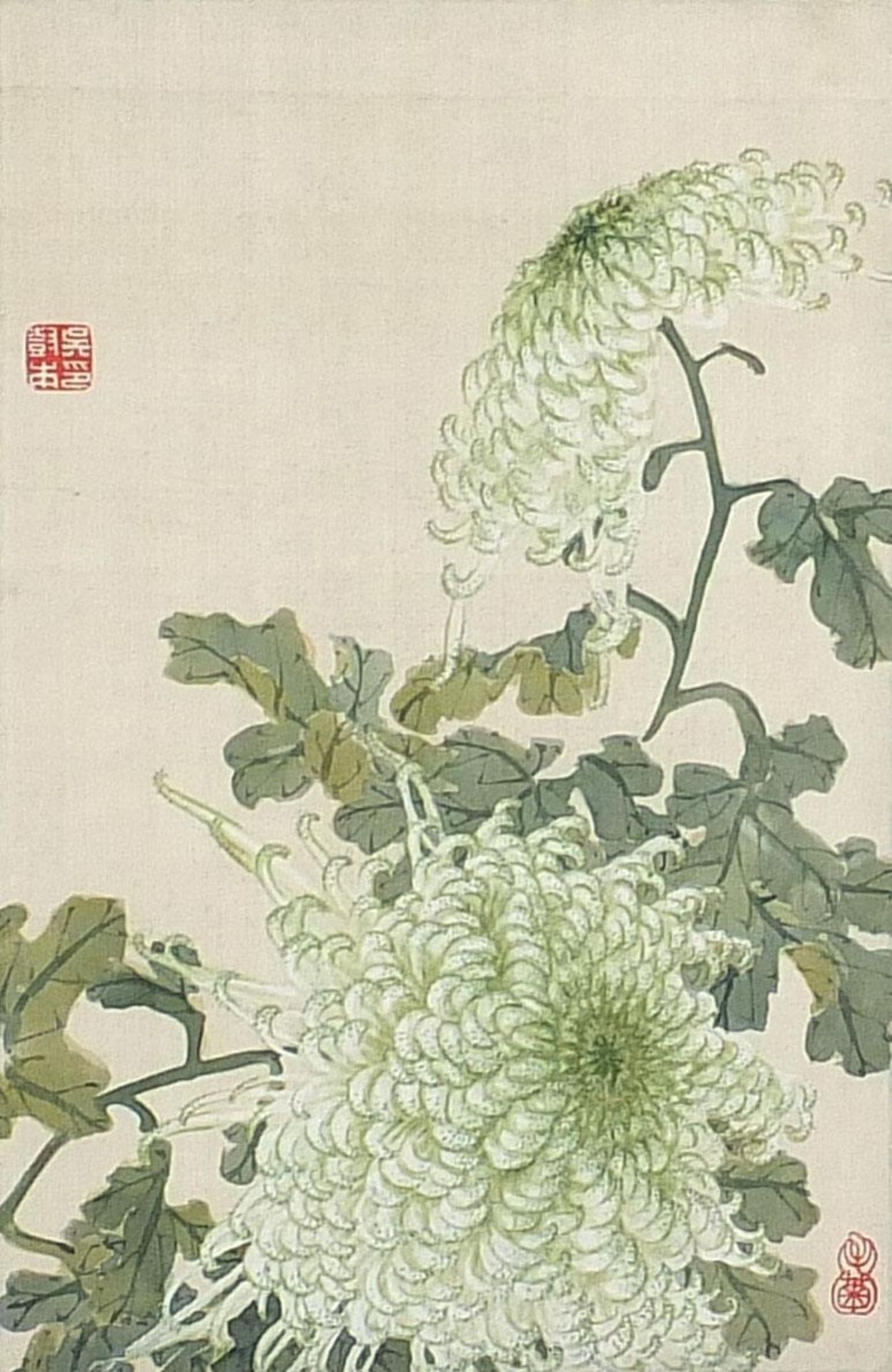 Leaves and flowers, set of three Chinese watercolours on silks, each with red seal marks, mounted, - Image 7 of 15