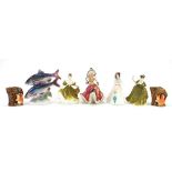 Collectable china including Royal Doulton figurines and a Jemma lustre fish group, the largest