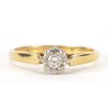 18ct gold diamond solitaire ring, the diamond approximately 3mm in diameter, size K, 2.3g : For