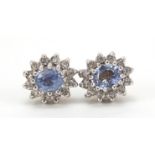 Pair of 9ct gold sapphire and diamond cluster stud earrings, 0.9cm high, 1.8g : For Further