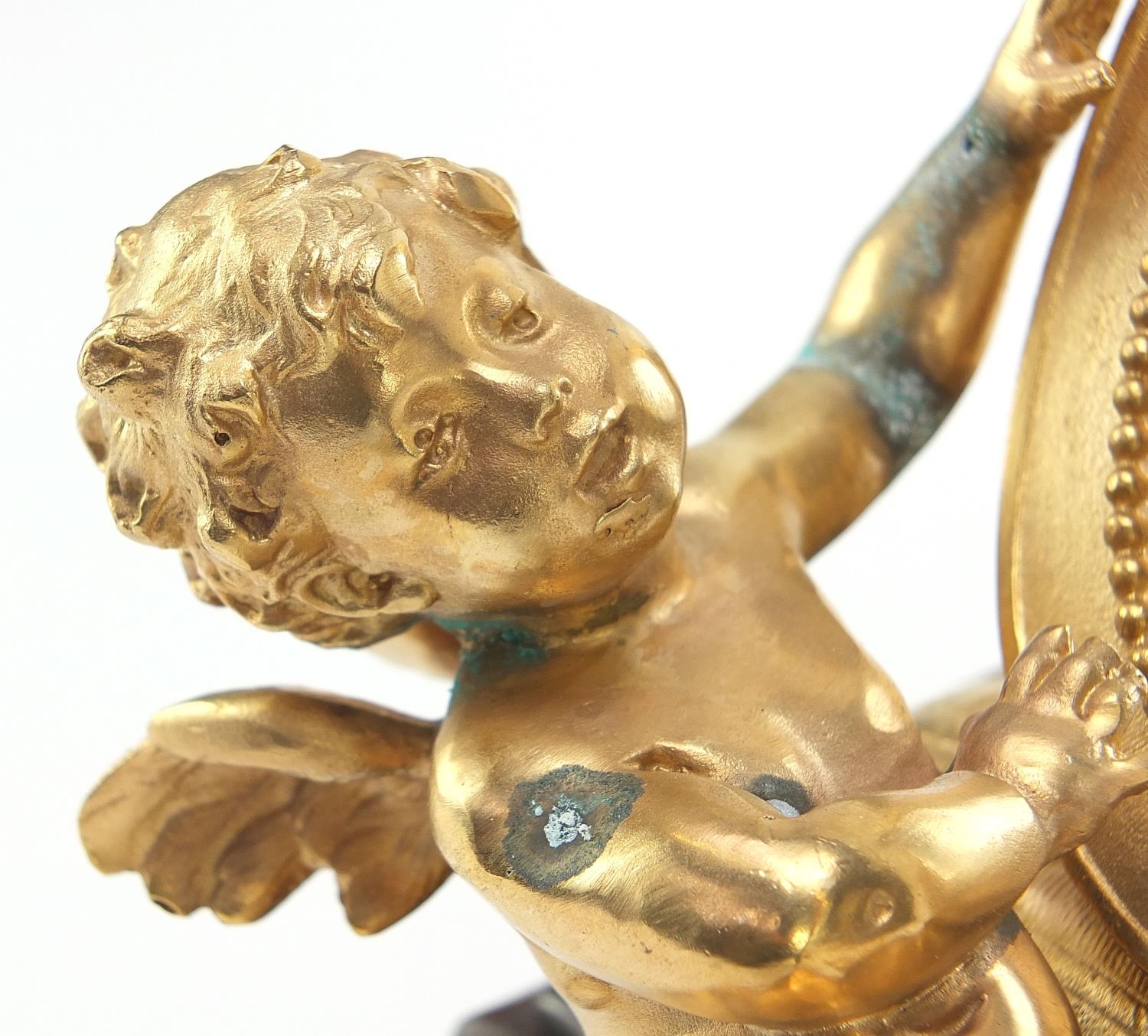 French Empire style gilt bronze table mirror in the form of Putti with a mandolin, raised on a - Image 2 of 5