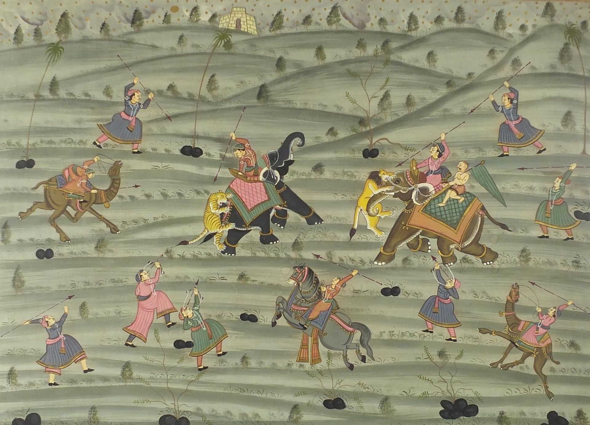 Animals and warriors, Indian Mughal school watercolour, framed and glazed, 95cm x 70cm excluding the - Image 2 of 8