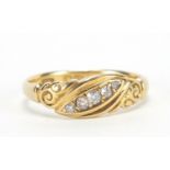 18ct gold diamond five stone ring with scrolled shoulders, size N, 2.9g : For Further Condition
