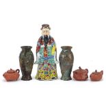 Chinese ceramics and metalware comprising a pair of mixed metal vases, three Yixing teapots and a