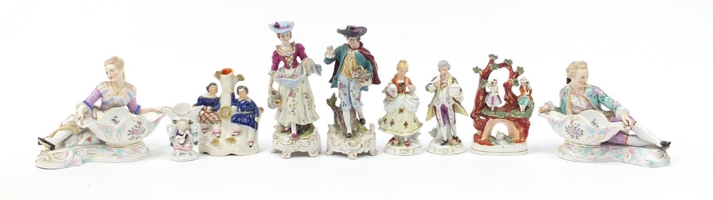 Continental and Staffordshire porcelain figures including a pair of sweetmeat dishes, the largest