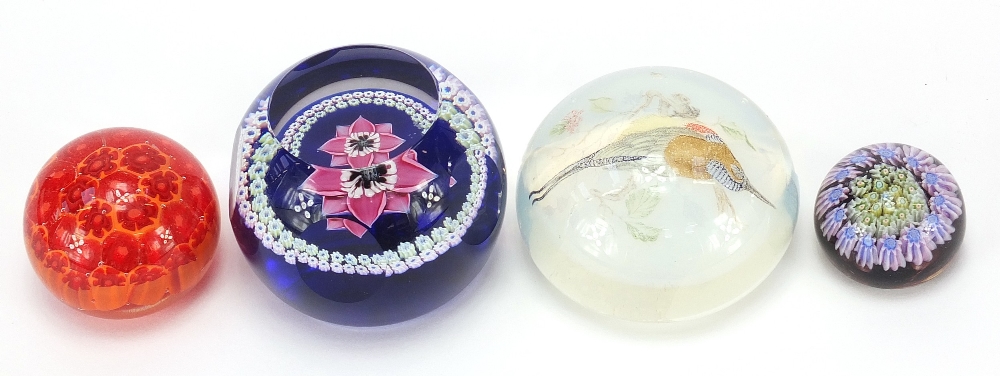 Four colourful glass paperweights including Caithness, Whitefriars Anemone and an opalescent bird - Image 2 of 4