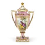 Dresden, German porcelain vase and cover with twin handles, hand painted with figures and flowers,