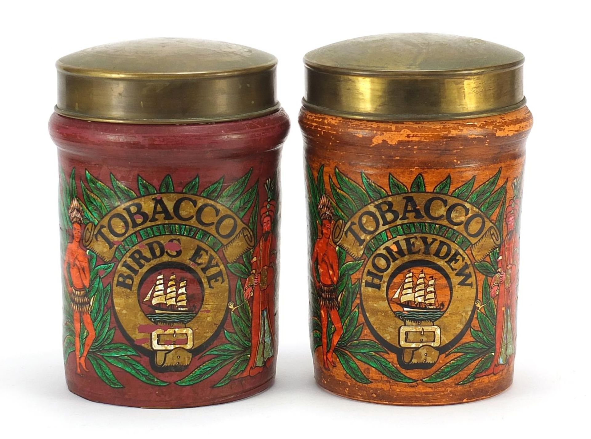 Pair of Continental hand painted pottery tobacco jars with brass lids, each 23.5cm high : For