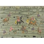 Animals and warriors, Indian Mughal school watercolour, framed and glazed, 95cm x 70cm excluding the