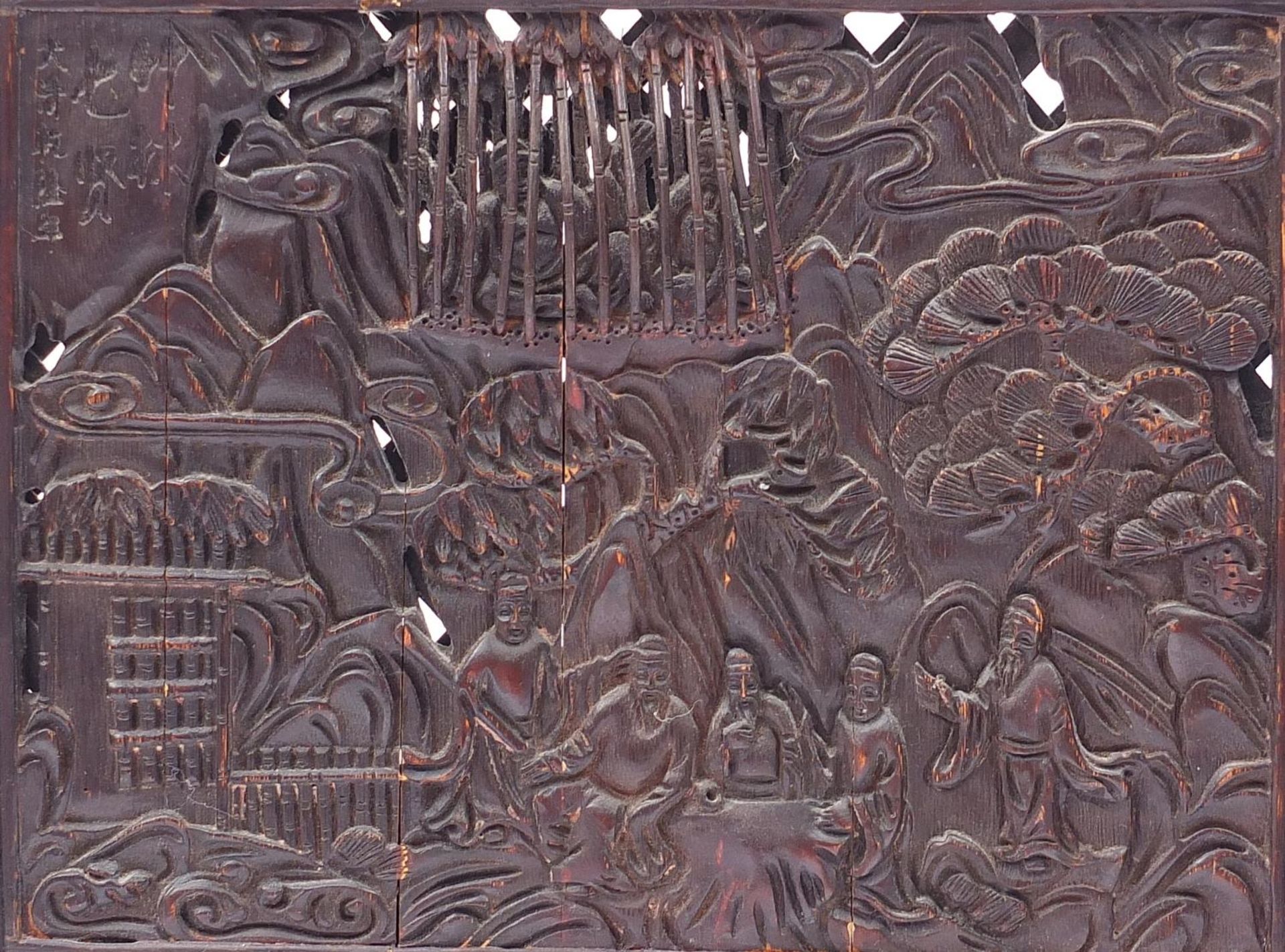 Chinese hardwood table screen profusely carved with figures in a landscape and calligraphy, 37cm - Image 3 of 9