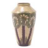 Large Continental pottery vase hand painted with palm trees, indistinctly inscribed inscriptions