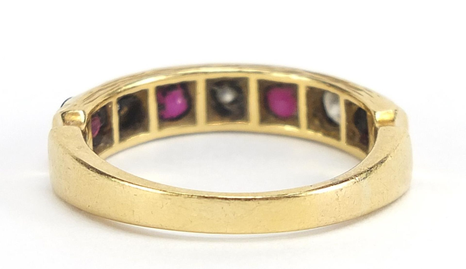 18ct gold diamond and ruby half eternity ring, the diamonds approximately 3.2mm in diameter, size R, - Image 3 of 6