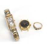 9ct gold blue and purple stone herringbone ring and two ladies wristwatches comprising Mappin & Webb