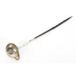 Georgian silver ladle with turned wooden handle and coin set bowl, 40cm in length : For Further