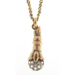 Unmarked gold white sapphire pendant on a 9ct gold necklace, 2.5cm high and 40cm in length, the