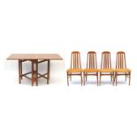 Teak drop leaf dining table and four chairs, the table 74cm H x 82.5cm D x 143cm W when extended :