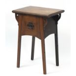 Arts & Crafts carved oak side table with drop down front, 72cm H x 51cm W x 38.5cm D : For Further