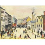 Town scene with figures walking about, oil on board, mounted and framed, 39.5cm x 29.5cm excluding