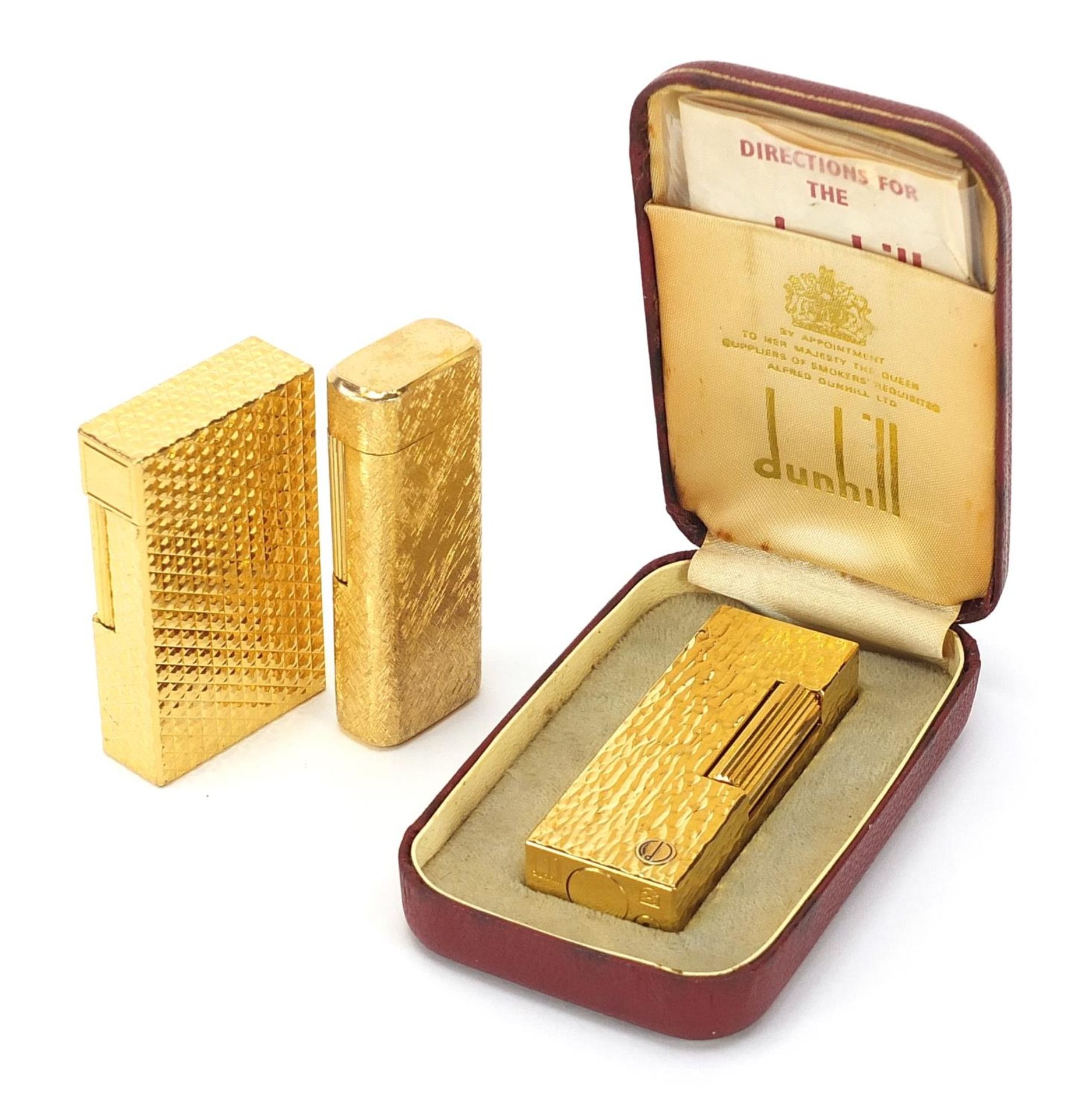 Three vintage gold plated pocket lighters comprising Dunhill with fitted case, S J Dupont and - Image 2 of 6