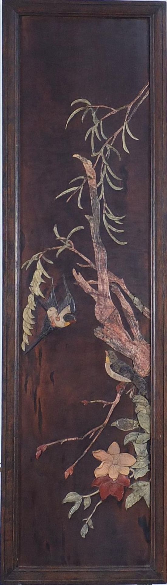 Birds of Paradise amongst flowers and bamboo grove, set of four Chinese hardwood panels with - Image 9 of 13