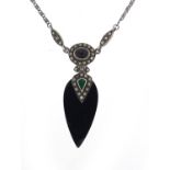 Art Deco silver, onyx and marcasite necklace, 40cm in length, 8.6g : For Further Condition Reports