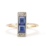 Art Deco unmarked gold sapphire and diamond ring, size K/L, 2.1g : For Further Condition Reports