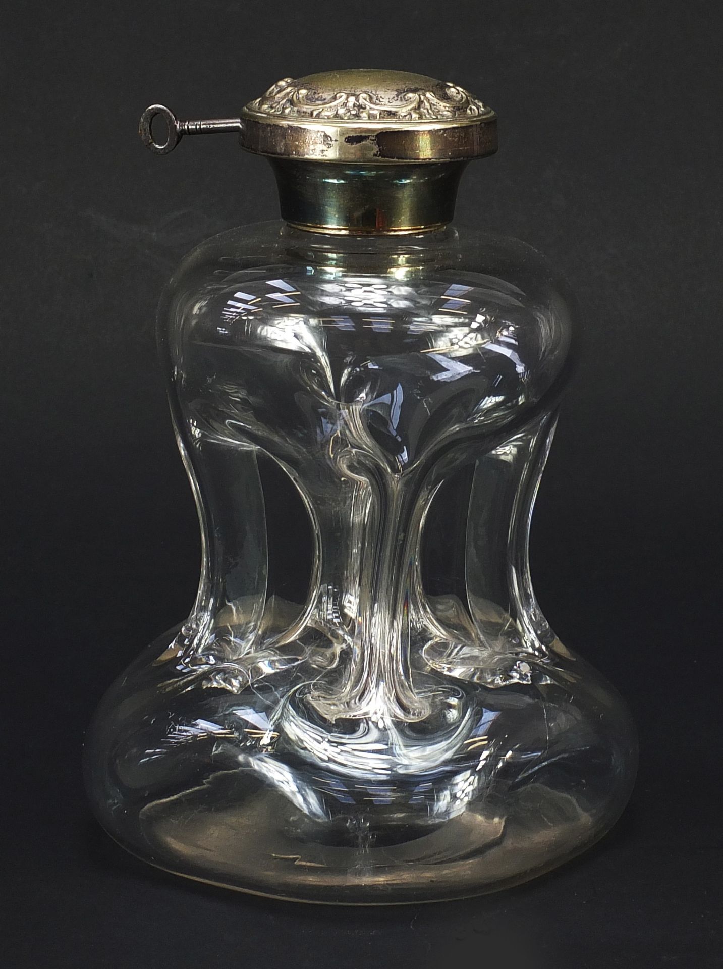 Novelty hour glass decanter with lockable silver plated lid, 18.5cm high : For Further Condition