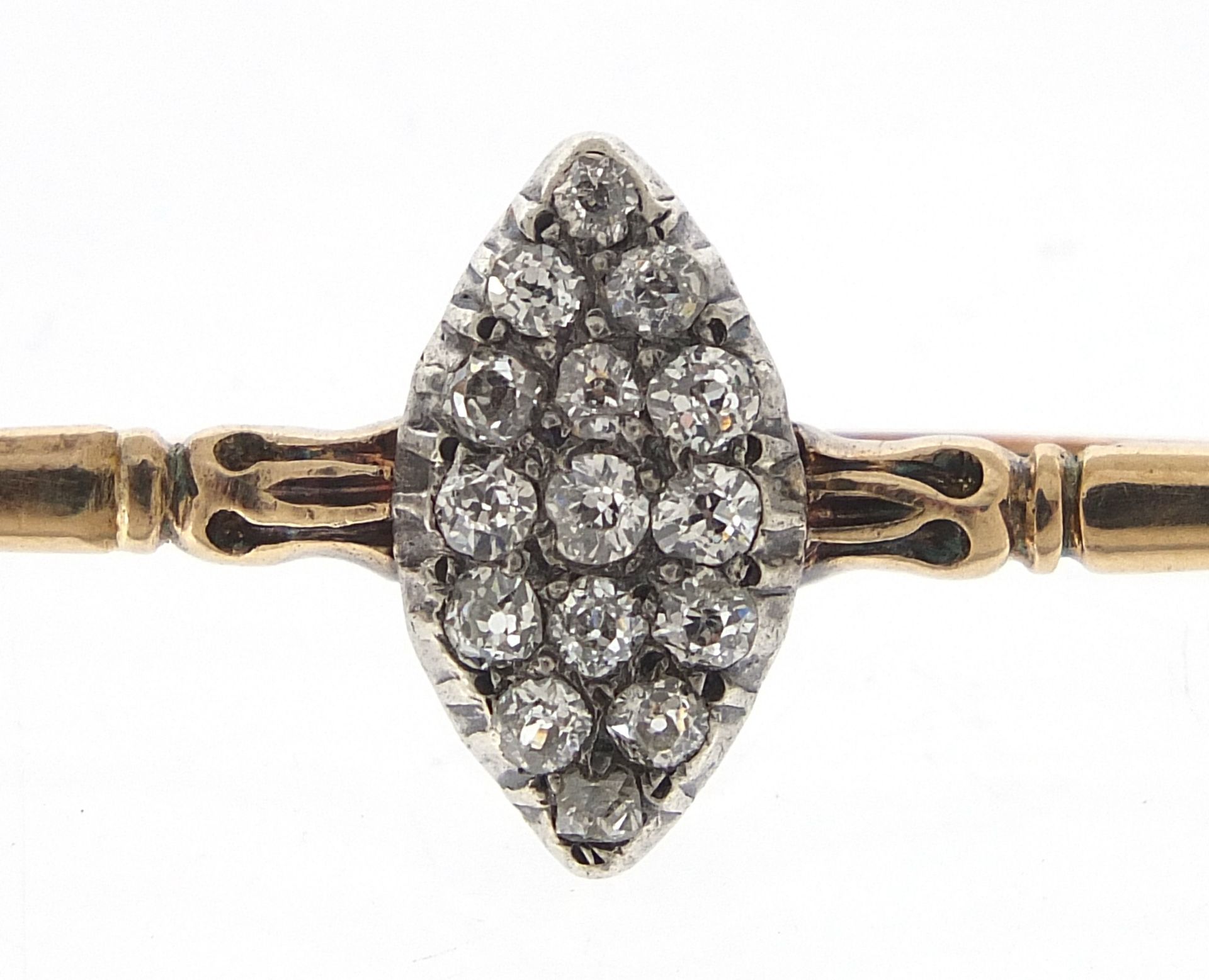 Antique unmarked gold diamond marquis cluster bar brooch, the diamonds approximately 2.2mm in - Image 2 of 3