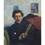 Top half portrait of an artist, Italian school oil on board, mounted and framed, 43cm x 36cm
