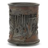 Chinese bamboo brush pot carved with figures in a landscape and calligraphy, 17cm high : For Further