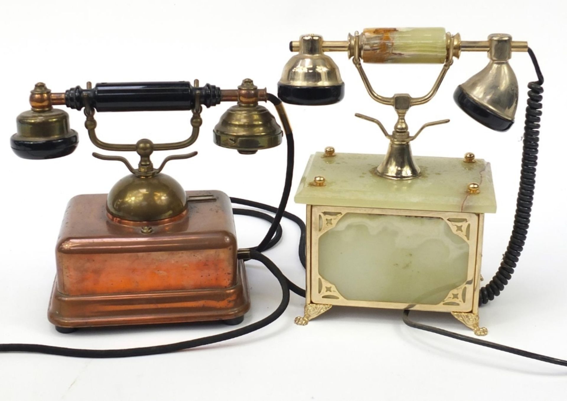 Vintage copper and brass dial telephone and an onyx example, the largest 27cm high : For Further - Image 5 of 6