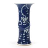 Large Chinese blue and white porcelain Gu beaker vase hand painted with prunus flowers, six figure