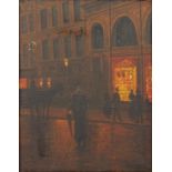 Victorian style street scene with figures, oil on board, mounted and framed, 29cm x 22cm excluding