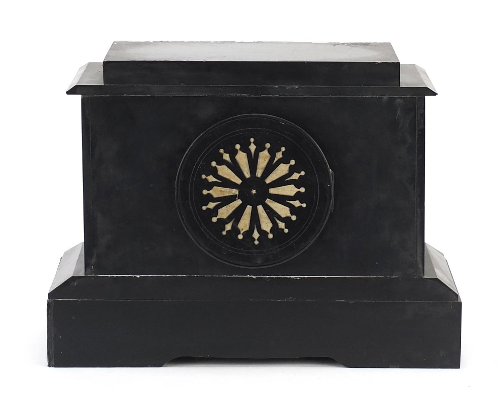 Victorian black slate and marble mantle clock striking on a bell with enamelled chapter ring - Image 4 of 7