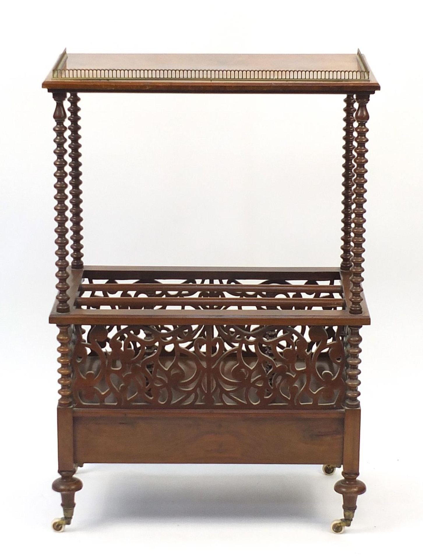 Victorian burr walnut Canterbury with brass gallery and drawer to the base, 100cm H x 67cm W x - Image 5 of 5