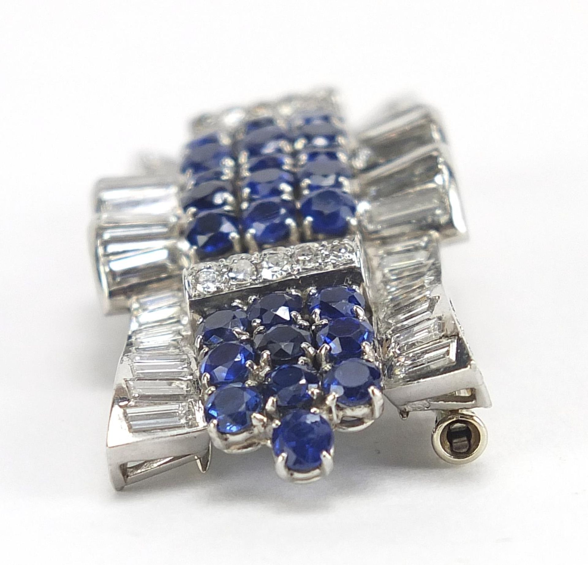 Good Art Deco diamond and sapphire three piece scarf clip brooch, A & M maker's mark, 6cm wide, 32. - Image 6 of 21
