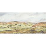 John Freeman '75 - Rural landscape, ink and watercolour, mounted, framed and glazed, 59cm x 27cm