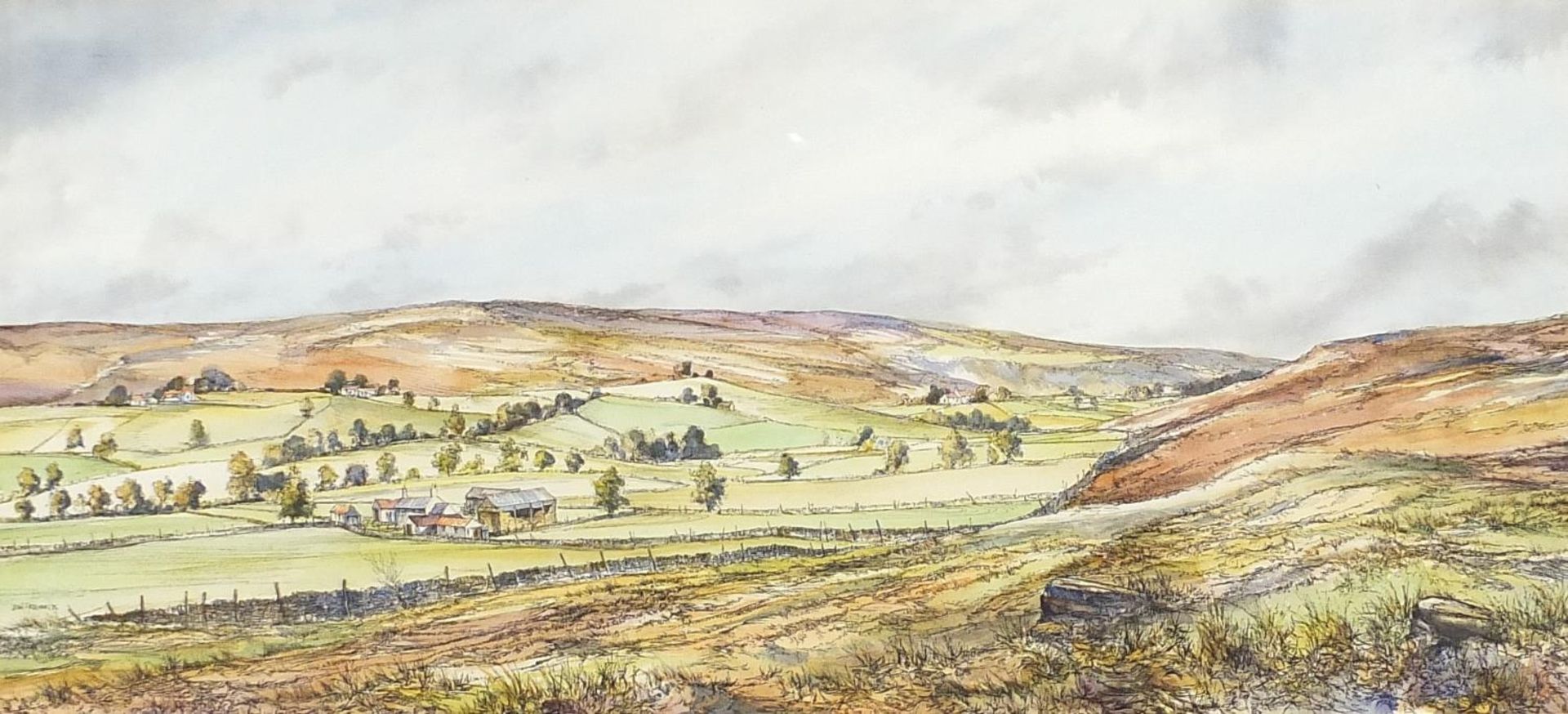 John Freeman '75 - Rural landscape, ink and watercolour, mounted, framed and glazed, 59cm x 27cm