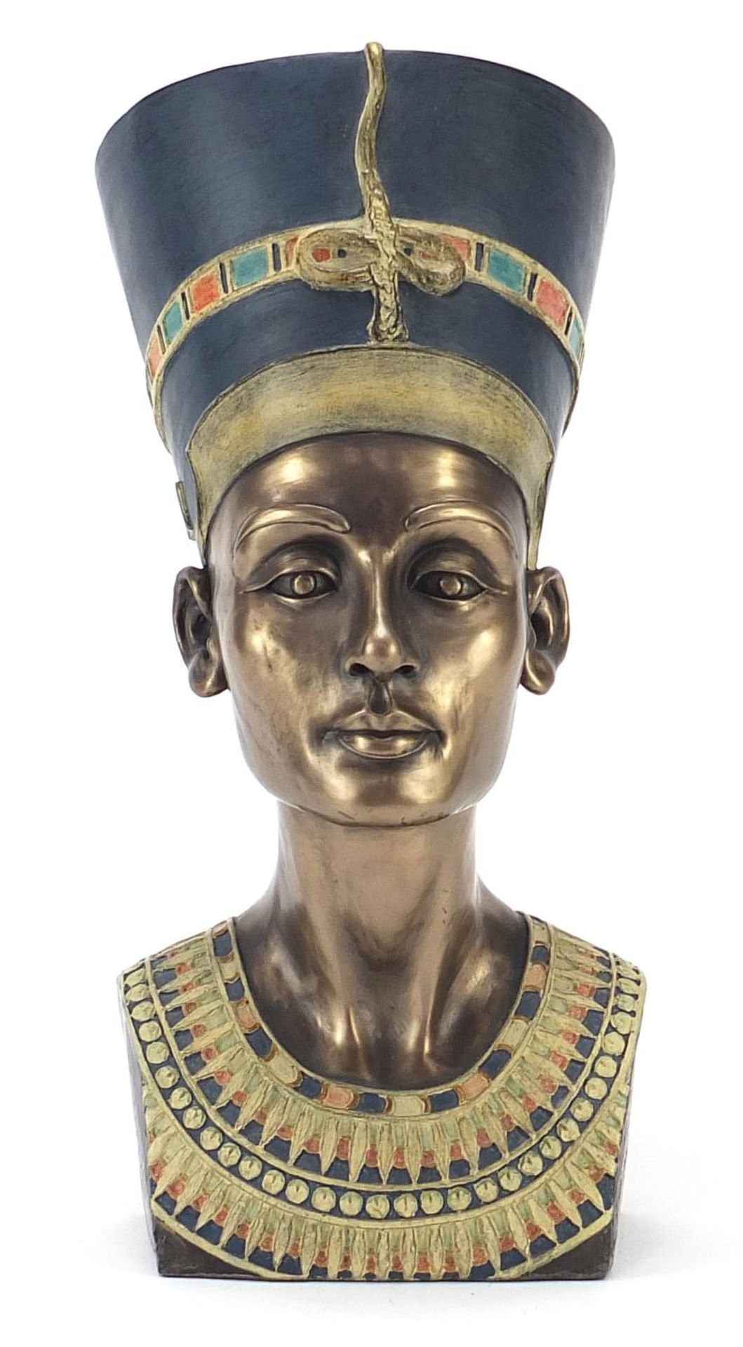 Egyptian bronzed bust of Nefertiti, 31cm high : For Further Condition Reports Please Visit Our