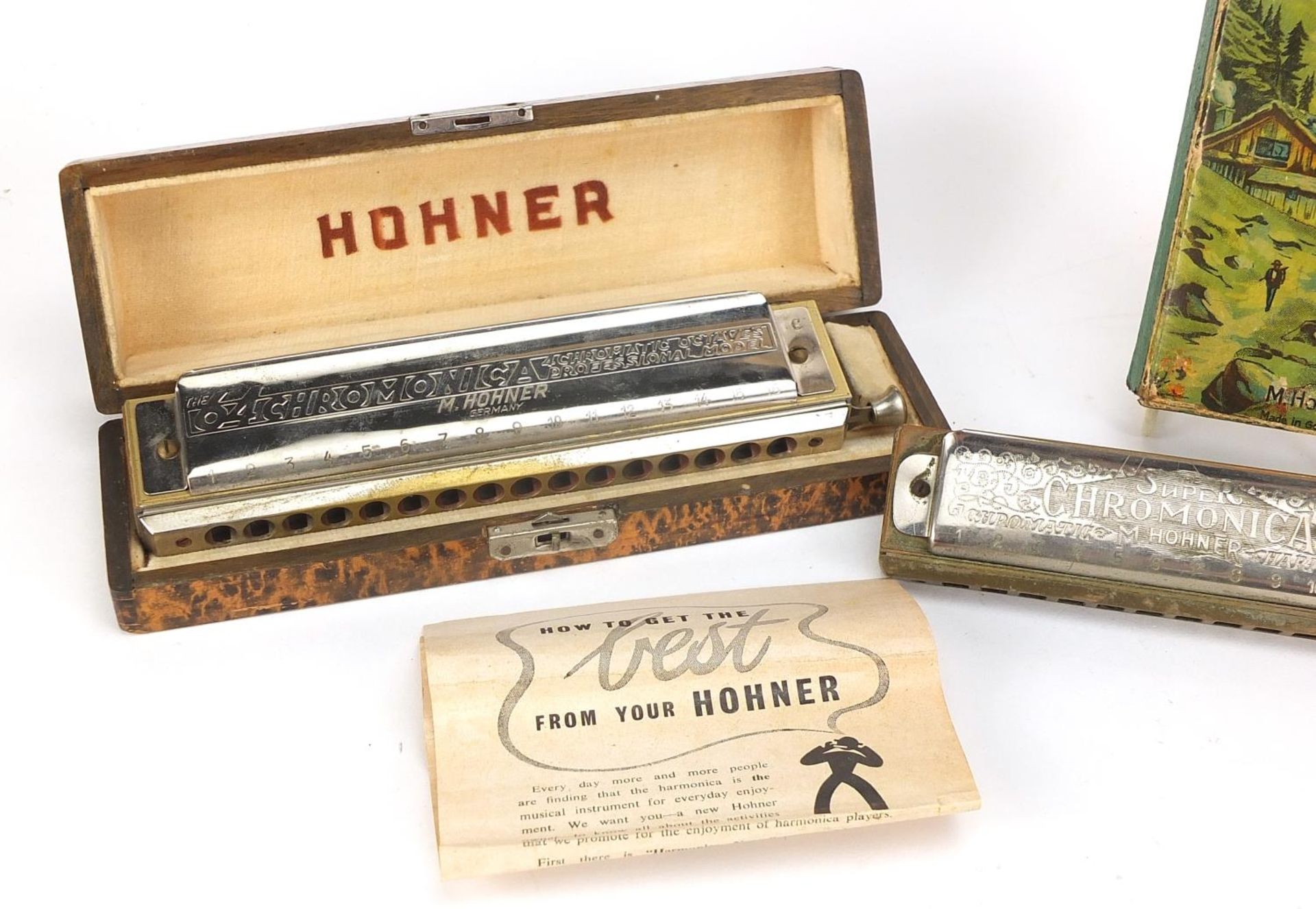 Three vintage harmonicas including The 64 Chromonica by Hohner, Super Chromonica by Hohner and - Bild 4 aus 6