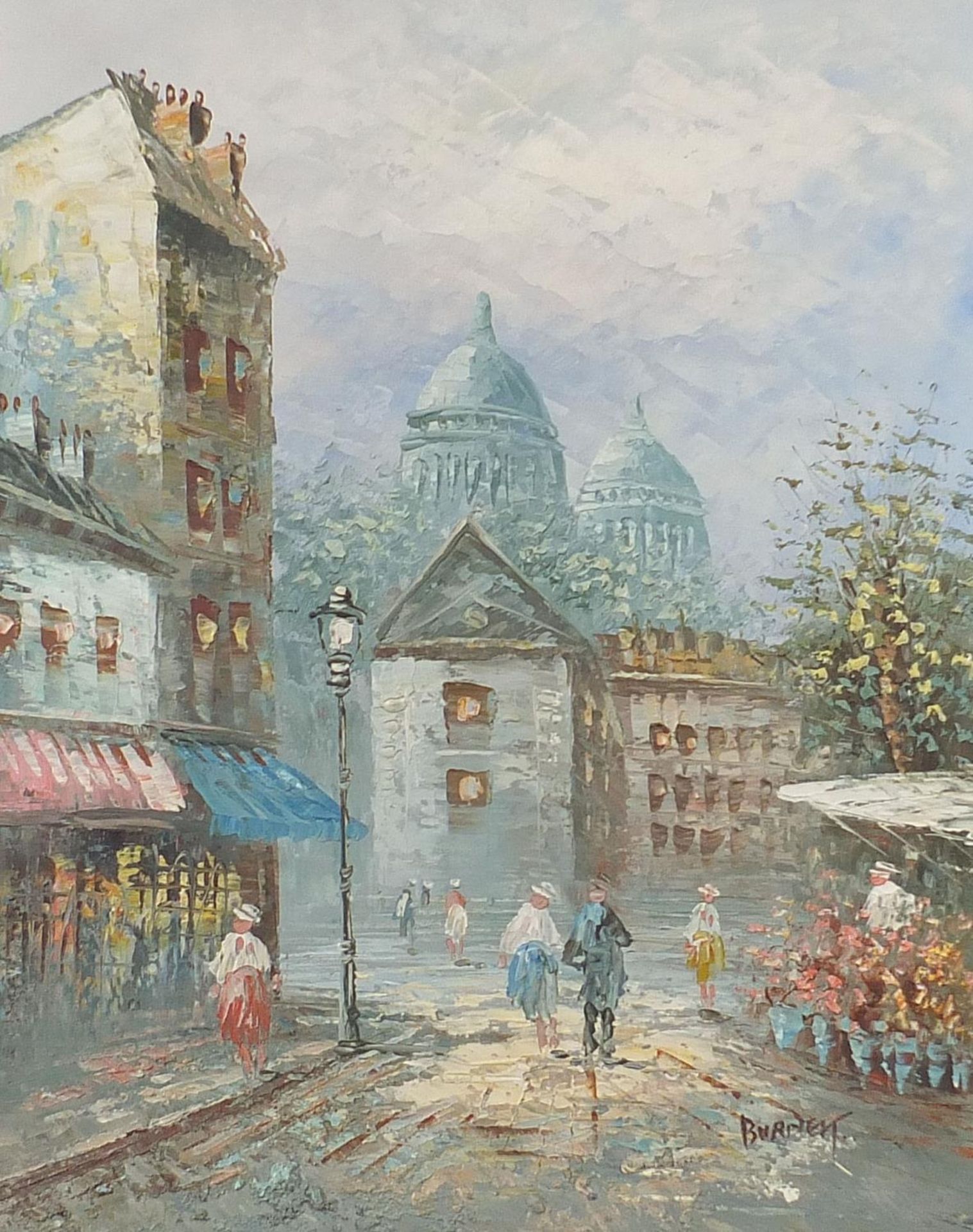 Burnett - Parisian street scenes with figures, pair of Impressionist oil on canvasses, mounted and - Image 6 of 9