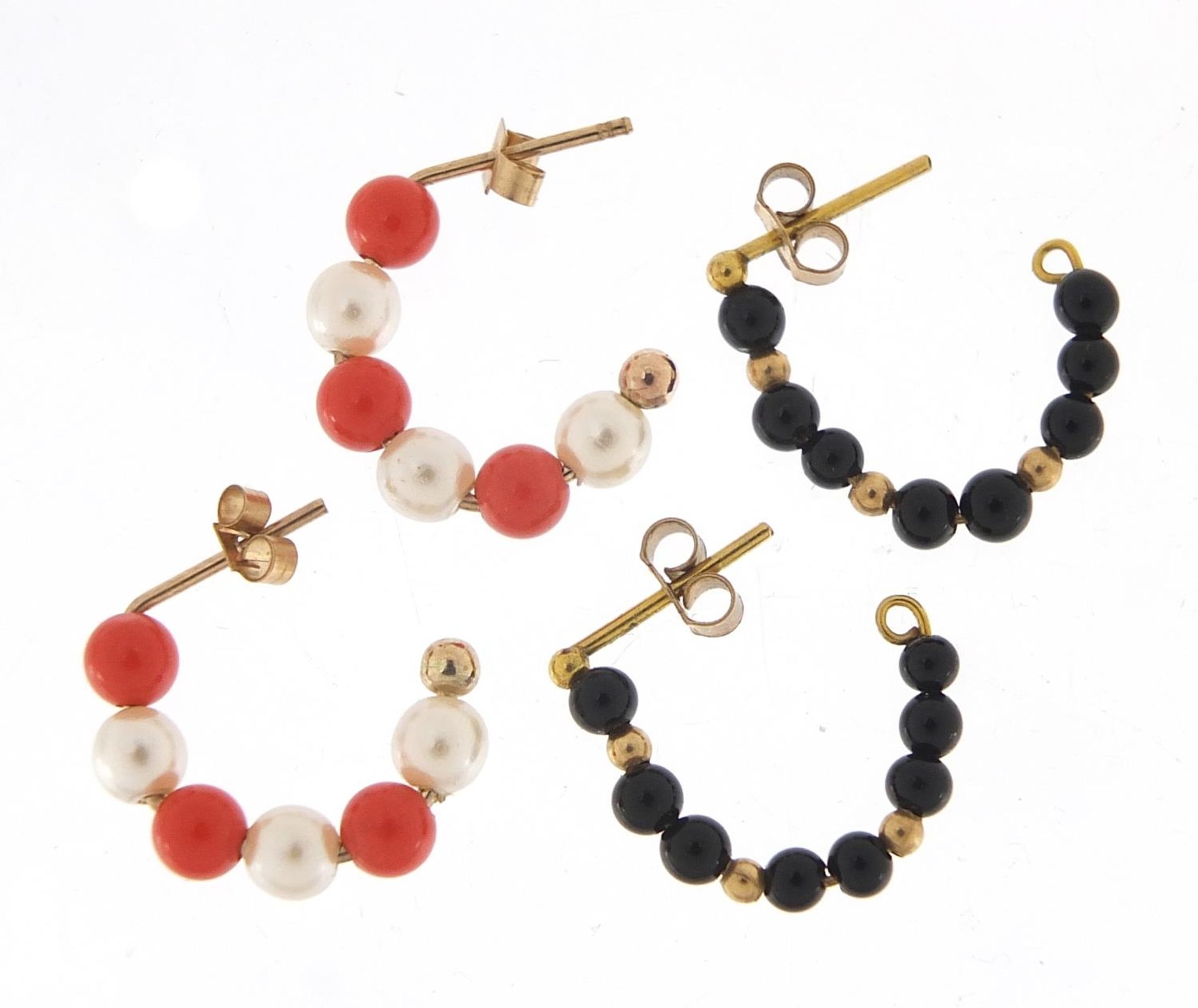 Two pairs of gold coloured metal hoop earrings including pearl and coral design, 1.6cm in - Image 2 of 2