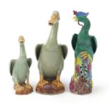 Chinese porcleain comprising two celadon glazed porcelain ducks and a famille rose phoenix, the