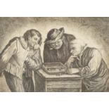 Three figures paying backgammon, 18th century Dutch engraving, mounted, framed and glazed, 17cm x