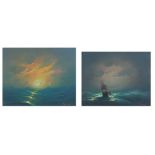 Follower of Ivan Constantinovich Aivazovsky - Ship on stormy seas, pair of oil on canvasses, mounted