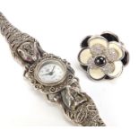 Ladies silver marcasite leopard design wristwatch and a silver flower head ring, size J, total 63.0g